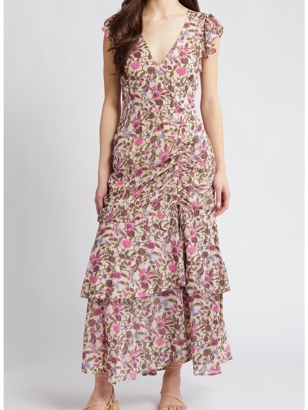 Cleobella Pink Floral V-Neck Ruffle Tiered Maxi Dress